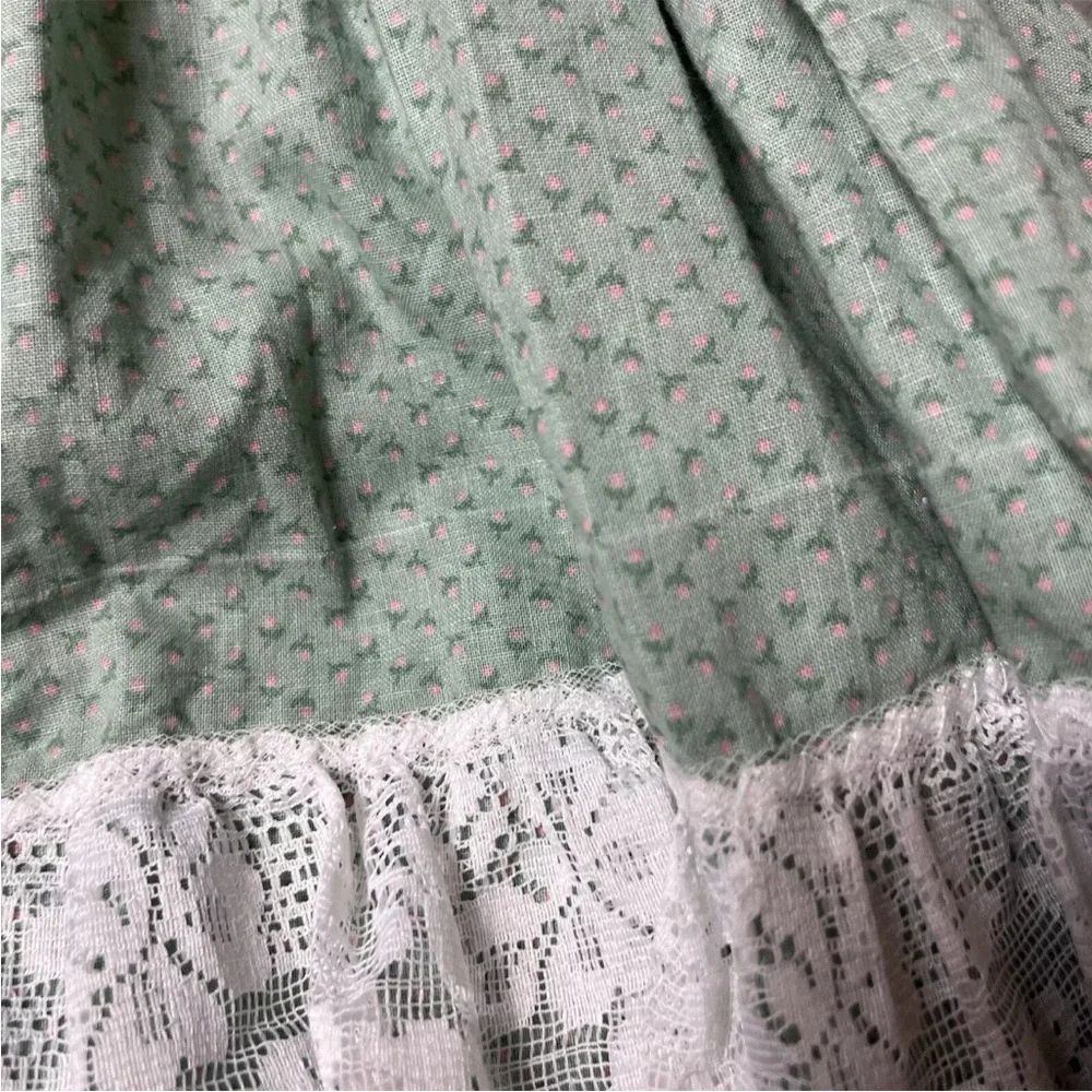 Vintage Handmade Green Pink Floral Lace Ruffle Girls Dress Easter